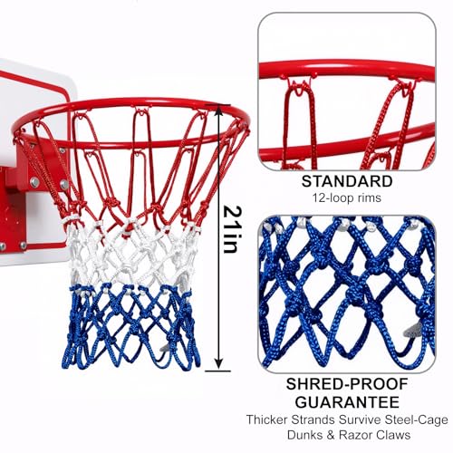 Basketball Net Heavy Duty 7.16oz Professional Grade, All Weather Anti Whip Basketball Net Replacement for Outdoor Indoor Standard Hoop, 12 Loops Reinforced (Red White Blue)