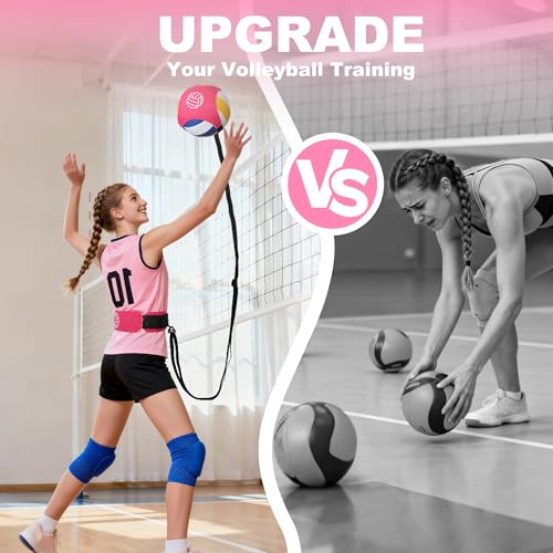 Volleyball Training Equipment (No Ball Included): 6-Piece Pink Solo Volleyball Trainer Set with Training Cards for Serving, Spiking, Setting & Hitting – Gift for Teen Girls and Beginner Player
