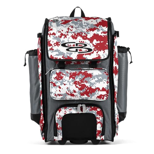 Boombah Rolling Catchers Superpack Baseball/Softball Gear Bag Digital Camo - 23-1/2" x 13-1/2" x 9-1/2" - Multiple Colors - Telescopic Handle and Holds 4 Bats - Wheeled Version - color: Gray/Red_C23