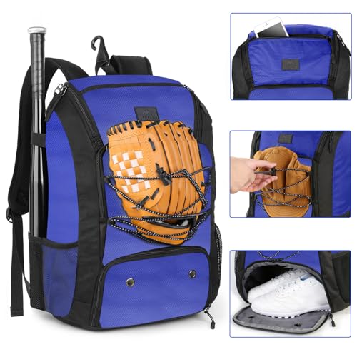 MATEIN Baseball Backpack, Softball Bat Bag with Shoes Compartment for Youth, Boys and Adult, Lightweight Baseball Bag with Fence Hook Hold TBall Bat, Batting Mitten, Helmet, Caps, Teeball Gear - color: Blue, size: 47L