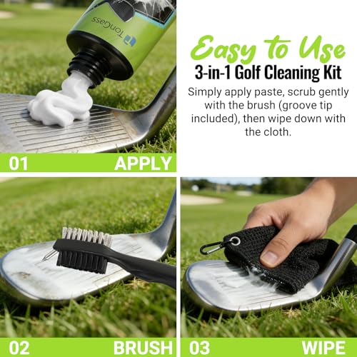 TonGass 3-in-1 Golf Club Cleaning Kit (300g Golf Polish+Cleaner Brush with Groove Sharpener+Cleaning Cloth) Golfs Club Cleaner Set with Retractable Hook Brush & Hookable Towel Complete Accessory Kit