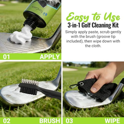 TonGass 3-in-1 Golf Club Cleaning Kit (300g Golf Polish+Cleaner Brush with Groove Sharpener+Cleaning Cloth) Golfs Club Cleaner Set with Retractable Hook Brush & Hookable Towel Complete Accessory Kit