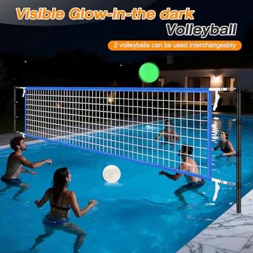 AugFir Inground Pool Volleyball Net Set, Adjustable Length & Height Pool Volleyball Net, Compatible with 3 Universal Ground-Mounted Bases, Includes 2 Glow-in-the-Dark Inflatable Pool Volleyballs