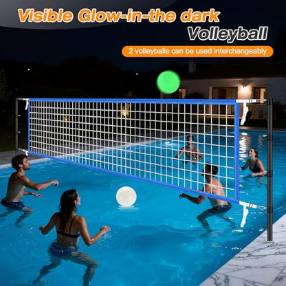 AugFir Inground Pool Volleyball Net Set, Adjustable Length & Height Pool Volleyball Net, Compatible with 3 Universal Ground-Mounted Bases, Includes 2 Glow-in-the-Dark Inflatable Pool Volleyballs