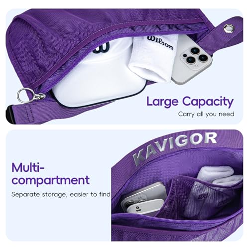 KAVIGOR Tennis & Pickleball Ball Holder Waist Pouch Holds 8-10 Balls, Multi-Functional Sports Belt Bag with Zipper Pocket and Carabiner - color: Purple