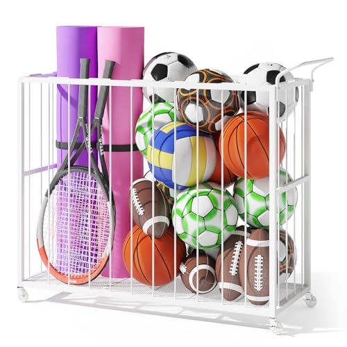 Homsorout Ball Storage Bin Rolling Sports Ball Cart, Metal Garage Organizer Sport Rack, Ball Basket Storage, Ball Cage for Garage or Gym, Indoor & Outdoor Sports Equipment Organizer - color: white
