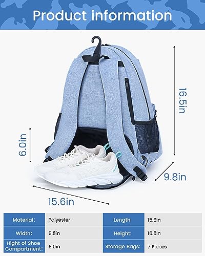 Tennis Bag Professional Tennis Backpack for Men and Women Racket Bags Holds 2 Rackets with Ventilated Shoe Compartment - color: Blue with Shoes Compartment