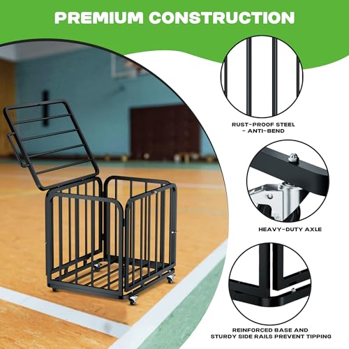 MR Foldable Ball Cart with Wheels, Heavy-Duty Ball Cage Garage Sports Equipment Organizer, Collapsible Metal Rolling Multi Sports Ball Storage for Gym, Lockable Lid, Indoor and Outdoor