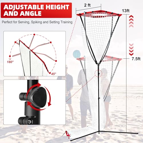 Sweetone Volleyball Setter Training Net, Volleyball Training Equipment Adjustable Angle Height 7.5-13 Ft Indoor and Outdoor Volleyball Training Network for Serving, Spiking and Setting