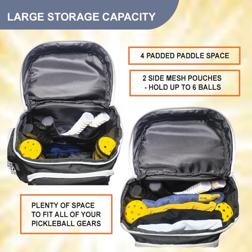 Pickleball Bag Deluxe Backpack Fits 4 Paddles and 10+ Balls - Shoe Compartment, Fence Hook, Storage Pockets, Adjustable Sling, Pickleball Accessories Equipment Bag