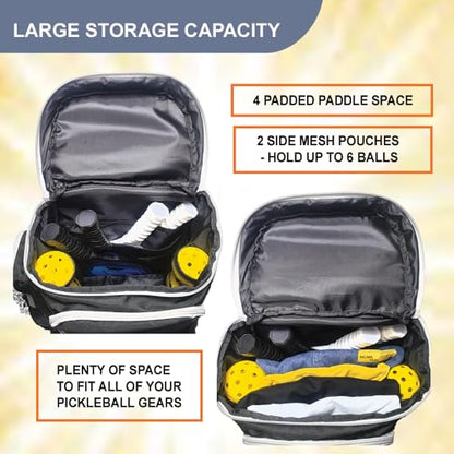 Pickleball Bag Deluxe Backpack Fits 4 Paddles and 10+ Balls - Shoe Compartment, Fence Hook, Storage Pockets, Adjustable Sling, Pickleball Accessories Equipment Bag