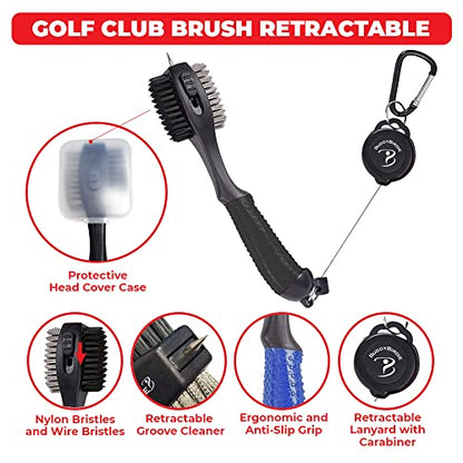 Retractable Golf Club Brush | Oversize Double Brush & Ergonomic Grip & Retractable Groove Cleaner & Lanyard - color: Black