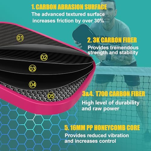 Pickleball Paddle,Pickleball Paddles-3K Raw Carbon Fiber Pickle Ball Paddle Surface with Great Grit & Spin,T700 Pickleball Racket with Excellent Power,Control and Balance,USAPA Approved - color: Pink White