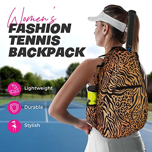 Womens Tennis Backpack - Taboo Fashions Ladies Tennis Bag Holds Two Racquets, Padded Straps and Side Carry Handle - color: Brown, Black, Animal Print
