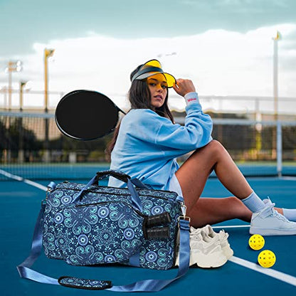 Boulder Bee Pickleball Bags, Premium Pickleball Tote Bag for Girls, Women’s Hand/Shoulder Gym Bag w Water Bottle Holder, with Pickleball Racquet/Paddle Holder - color: Duffel Bag-Blue