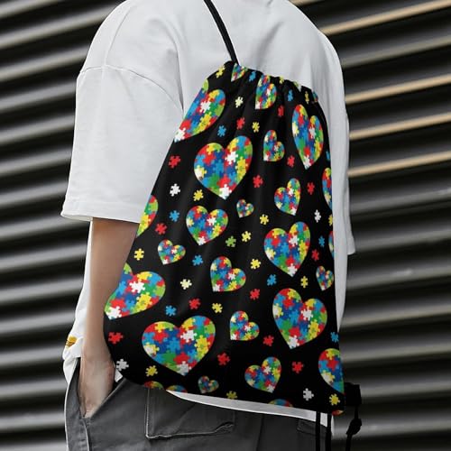 Sports Drawstring Bag Gym Sackpack Waterproof String Backpack for Running Training Fitness Men Women Unisex, Colorful Autism Awareness Puzzle Pieces Heart Bags - color: Picture (345)