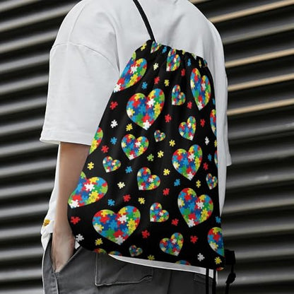 Sports Drawstring Bag Gym Sackpack Waterproof String Backpack for Running Training Fitness Men Women Unisex, Colorful Autism Awareness Puzzle Pieces Heart Bags - color: Picture (345)