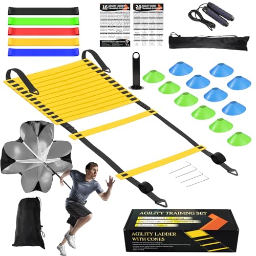 Speed Agility Training Equipment Set, Agility Ladder 20ft, 12 Football Cones, Resistance Parachute/Soccer Kick Trainer, Jump Rope, 5 Resistance Bands, Football Practice Equipment for Kids Adults - color: Set1 with Parachute