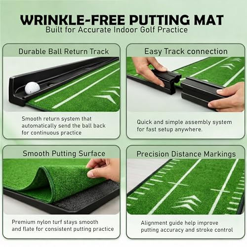 Putting Green Indoor | Wrinkle-Free Golf Mat with Auto Ball Return | Non-Slip Surface & Alignment Markings for Accurate Putting Practice at Home, Office & Outdoors | Improve Stroke Control & Precision