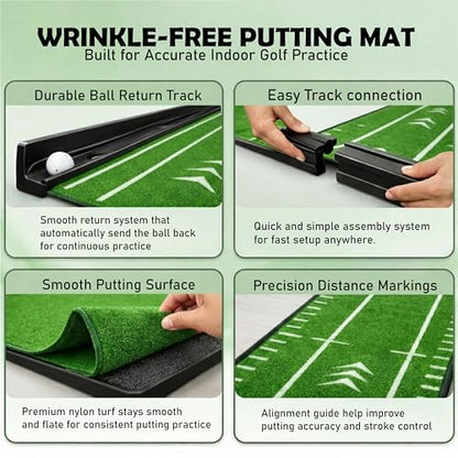 Putting Green Indoor | Wrinkle-Free Golf Mat with Auto Ball Return | Non-Slip Surface & Alignment Markings for Accurate Putting Practice at Home, Office & Outdoors | Improve Stroke Control & Precision