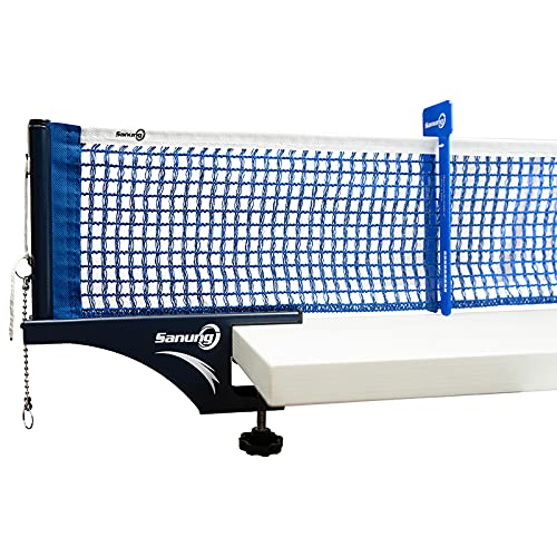Sanung S405 Table Tennis Net and Post Set, Thickened Folding Ping Pong Table Net and Post Kit with Bead Chain Measuring Ruler for Any Standard Table Indoor Outdoor, Blue