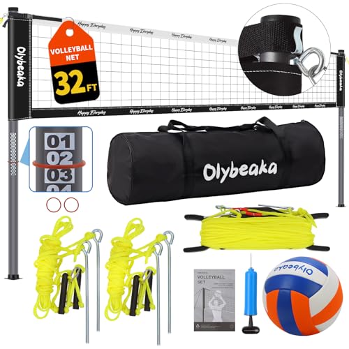 20ft / 32ft Portable Outdoor Volleyball Net Set for Backyard Beach Grass with Heavy Duty 1.25" Adjustable Poles, 28-Ply PE Net, PU Volleyball & Pump, Large Storage Bag (Black + White, 32ft)