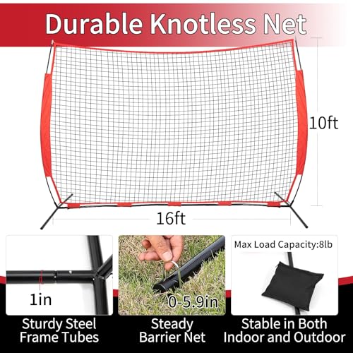 7x7/16x10/20x10ft Backstop Net, Ball Stop Net with Handbag,Fix Sports Net Barrier by 4 Spike&2 Sandbag,Sports Practice Barrier Net for Baseball,Softball,Lacrosse Train,Backstop Net for Backyard - style: 16X10ft red