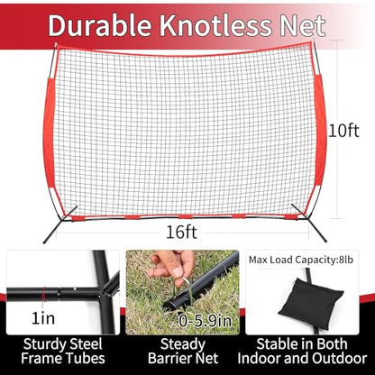 7x7/16x10/20x10ft Backstop Net, Ball Stop Net with Handbag,Fix Sports Net Barrier by 4 Spike&2 Sandbag,Sports Practice Barrier Net for Baseball,Softball,Lacrosse Train,Backstop Net for Backyard - style: 16X10ft red