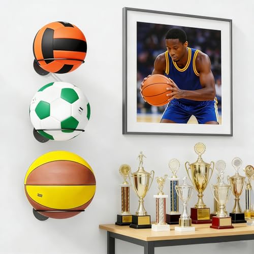 4Pcs Basketball Wall Mounted Storage Holder Display, Universal Ball Rack Metal Black Rack Holder Space Saver for Basketball Football Volleyball Soccer Storage Display