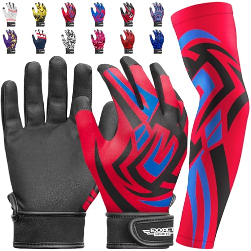 Exxact Sports Youth Batting Gloves with Arm Sleeve for Boys & Girls, Kids Baseball Batting Gloves for Softball, T-Ball - color: RED TATTOO, size: Youth Small / Medium