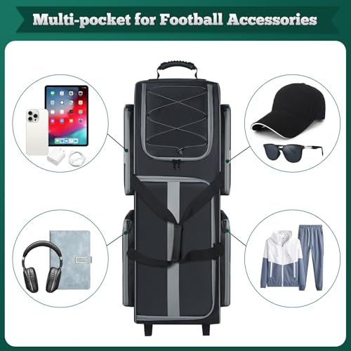 Football Bag with Wheels, Large Capacity Durable Football Gear Bag with & Multi-pocket, Tackle Player Equipment Bag Rolling Sport Bag for Football Accessories