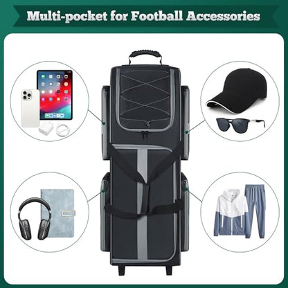 Football Bag with Wheels, Large Capacity Durable Football Gear Bag with & Multi-pocket, Tackle Player Equipment Bag Rolling Sport Bag for Football Accessories