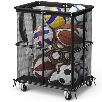 Ball Storage Bin Rolling Sports Ball Storage Cart Garage Sports Equipment Organizer Rack with Wheels Outdoor Basket Ball Cage for Garage, School, Gym, Yoga Room