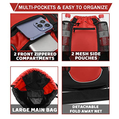 STAY GENT Drawstring Basketball Backpack for Boys, Foldable Soccer Backpack Gym Bag Sackpack Sports Sack with Detachable Ball Mesh Bag for Volleyball Baseball Yoga - color: Red