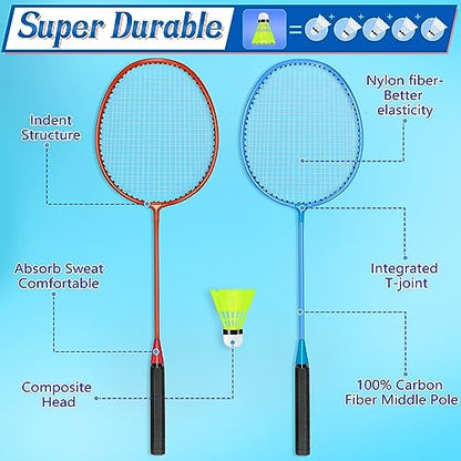 12 Pack Badminton Rackets Set Including Badminton Racquets, Nylon Shuttlecocks and Carry Bag for Outdoor Backyard Games Beginners - color: Red, Blue