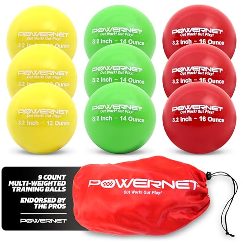 PowerNet 3.2"" 9 Pack Weighted Training Balls for Hitting Batting, Build Strength & Muscle, Improve Technique, Training Equipment for Throwing, 12 to 20 oz Softball Size Weighted Balls - color: LITE Pack | 12, 14, 16 Ounces