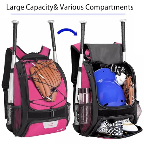 DAFISKY Baseball Bag Softball Backpack - Youth Adult T Ball Bat Equipment Bag with Bat Helmet Holders, Shoe Compartment - color: Pink