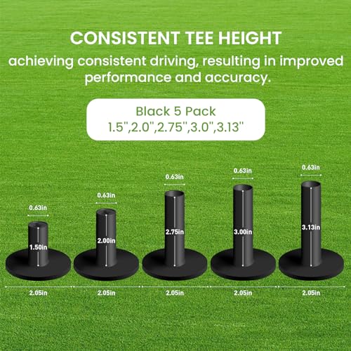 FINGER TEN Golf Rubber Tee Driving Range Value 5 Pack for Indoor Outdoor Practice Mat, Tee Adaptor Size 1.5’’ 2.0’’White Black Tee Holder Set for Hitting Mats - style: Black 5 Pack(1.5, 2.0, 2.75, 3, 3.13)