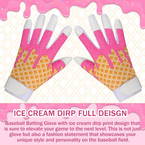 JenPen 1 Pair Youth Ice Cream Drip Batting Gloves 6 Inch Baseball Batting Gloves Long Cuff Leather Ice Cream Drip Pattern Mitt Grip Finger for Softball Teeball Baseball Kids Youth Boys - color: Pink, size: M Size