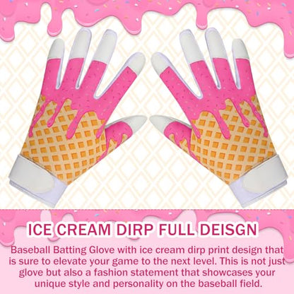 JenPen 1 Pair Youth Ice Cream Drip Batting Gloves 6 Inch Baseball Batting Gloves Long Cuff Leather Ice Cream Drip Pattern Mitt Grip Finger for Softball Teeball Baseball Kids Youth Boys - color: Pink, size: M Size