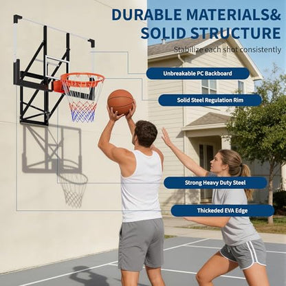 48 Inch Wall Mounted Basketball Hoop, Shatterproof Backboard with Rim, Adjustable Height Hand Crank Goal, Indoor & Outdoor with Adjustable Height, Classic Basketball Court, Teens, Adults, Schools, Pa