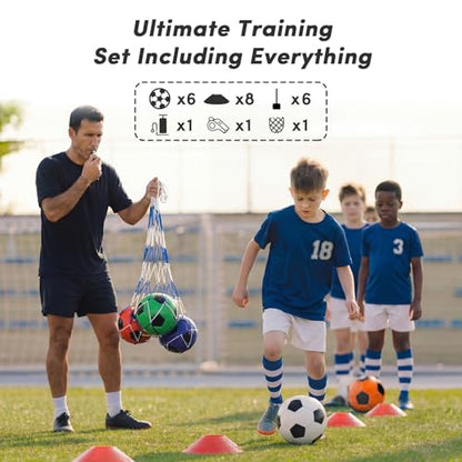 6 Pack Soccer Balls Size 5 Bulk Set – Massive 23-Piece Kit Includes 8 Cones, Whistle, Pump & Mesh Bag – Durable & Soft Training Balls for Youth Team, Practice, Gift & Charity Donation