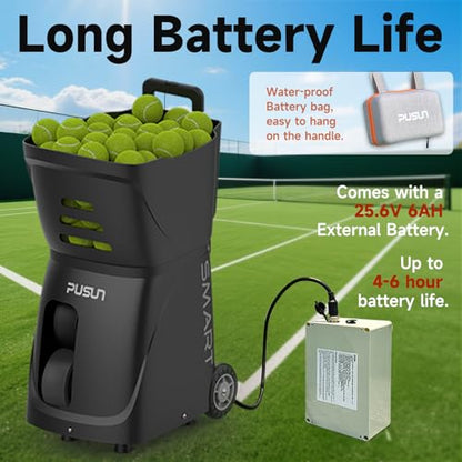 Tennis Ball Machine, Tennis Ball Launcher with App/Remote/iWatch Control, Max Speed of 75Mph, 1.8-8s/Ball, Multiple Training Modes(AI Drill/Programming/Random/Vary Speed) 4-6Hrs Battery Life - color: Black