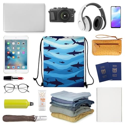 Lightweight Drawstring Sackpack Sports Backpack Waterproof for Gym Travel Hiking Men Women Durable Polyester, Sharks Fish Pattern Sky Blue Bags - color: Picture (756)