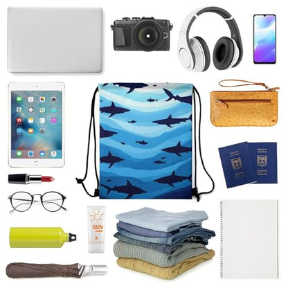 Lightweight Drawstring Sackpack Sports Backpack Waterproof for Gym Travel Hiking Men Women Durable Polyester, Sharks Fish Pattern Sky Blue Bags - color: Picture (756)