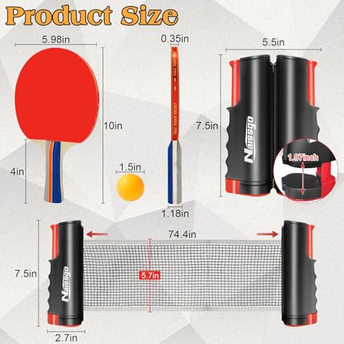 Table Tennis Set with Retractable Net, Portable Ping Pong Paddle Set with 2 Rackets, 8 Balls and Mesh Bag, Easy Setup Table Tennis Kit for Indoor Outdoor, Beginners, Home and Office