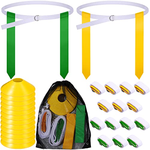 Flag Football Set, 14 Player Adjustable Belts with Cones Includes 14 Easy Tear Away Belts, 28 Football Flags, 12 Cones, 1 Carrying Bag for Youths, Adults Sport Team Training - style: Yellow, Green