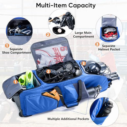 Large Rolling Baseball Catchers Gear Bag with Wheels, Softball Bag with Hard Backing for 4 Bats,Equipment Bag with Separate Shoe & Helmet Compartments, Youth Baseball Bag with 360° Spinner Wheels - color: Blue, size: Style B - Heavy-Duty Rolling Base