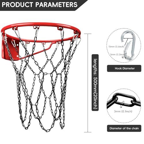 Basketball Net Heavy Duty Replacement,Carbon Steel Chain Basketball net, Anti-Rust Use Indoor Outdoor Standard 12 Loops Hoop - color: Black