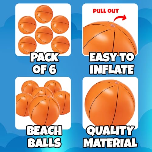 Inflatable Basketball Beach Balls (6 Pack) - 16-Inch Durable Beach Balls for Kids, Summer Pool Toys, Basketball Party Favors, Sports Theme Decorations, Giveaways - style: 6-Pcs Basketball Beach Balls